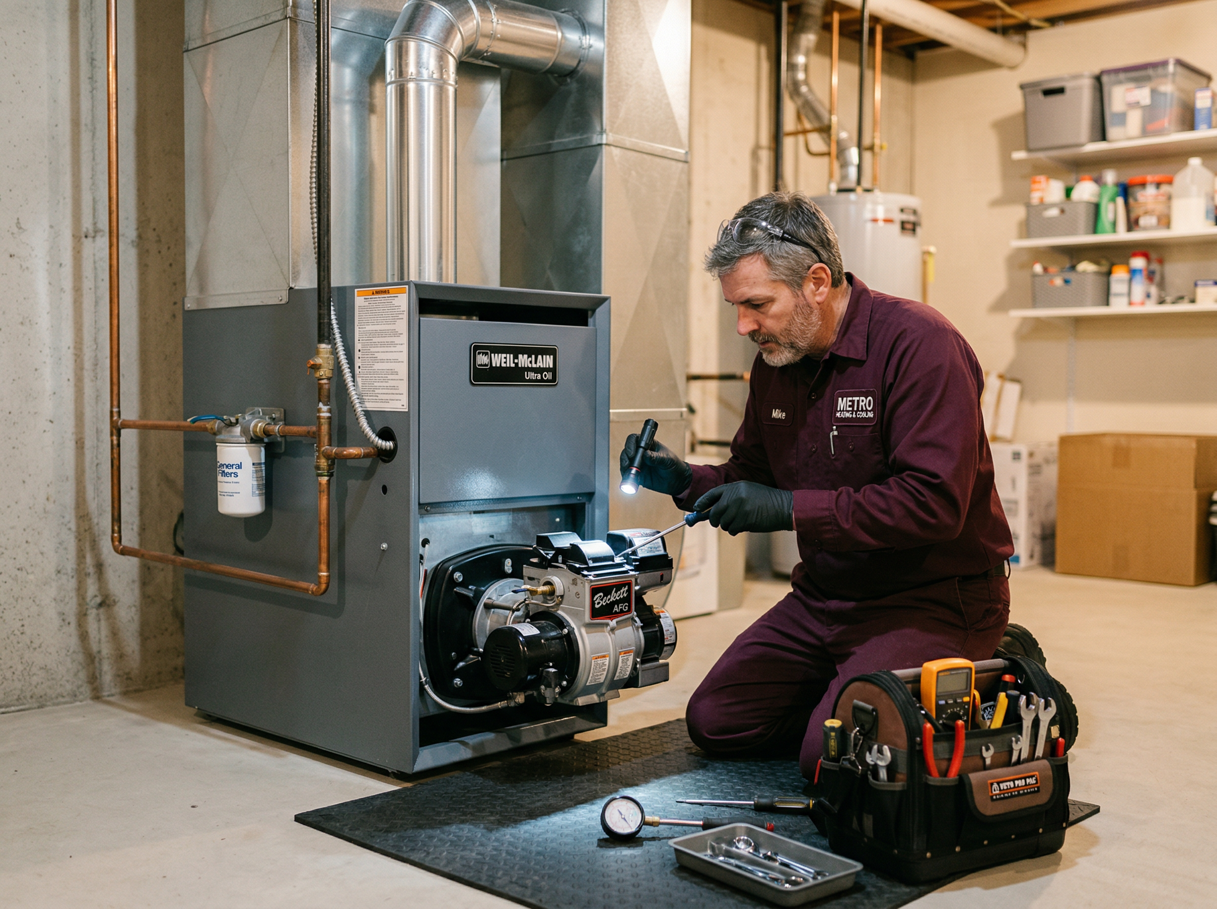Vic & Sons technician servicing an oil furnace in a residential basement