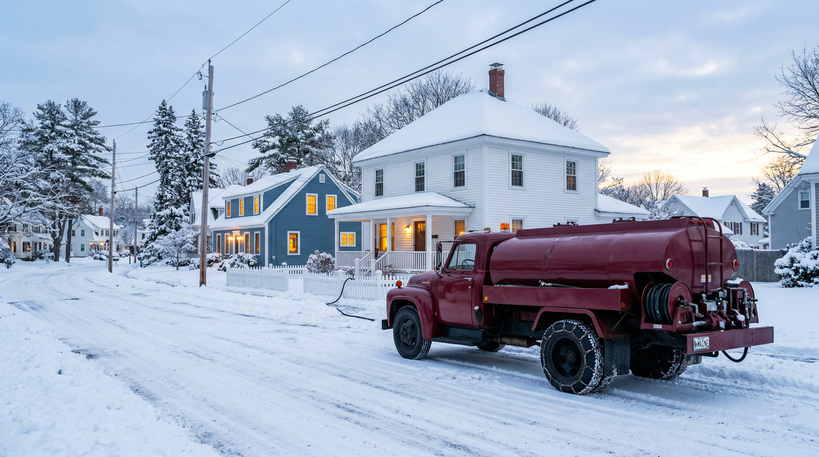 Burgundy heating oil delivery truck on a snowy New England street in South Portland, Maine